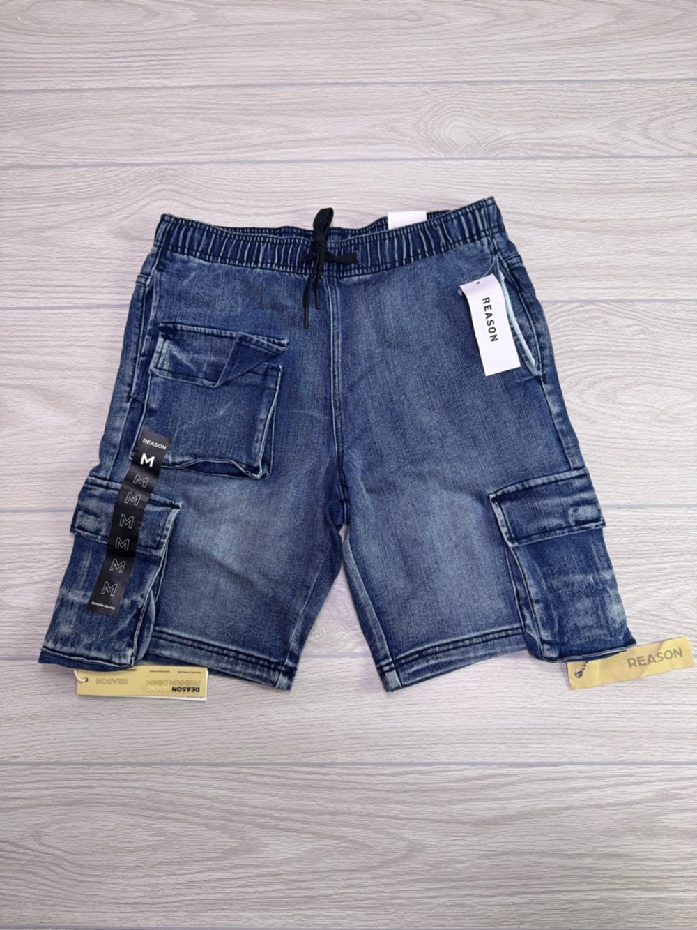 Reason Men's Blue Denim Cargo Shorts‎ with Drawstring Waist